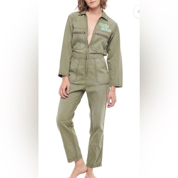 Free People Pants - Sandrine Rose FP TRE'S COOL FRONT ZIPPER JUMPSUIT Size M Drab Green